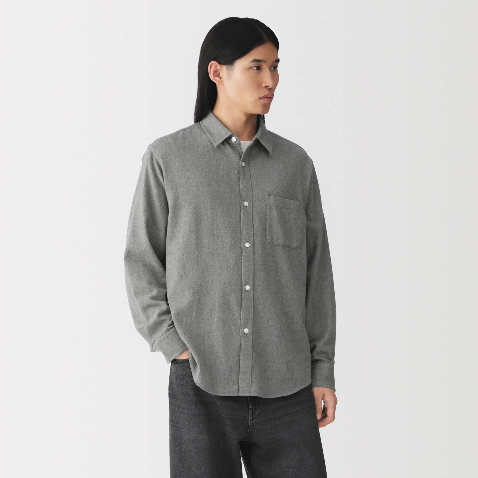 MUJI Men's Brushed Cotton Flannel Button-Up Shirt for Fall and Winter